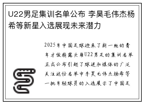 U22男足集训名单公布 李昊毛伟杰杨希等新星入选展现未来潜力